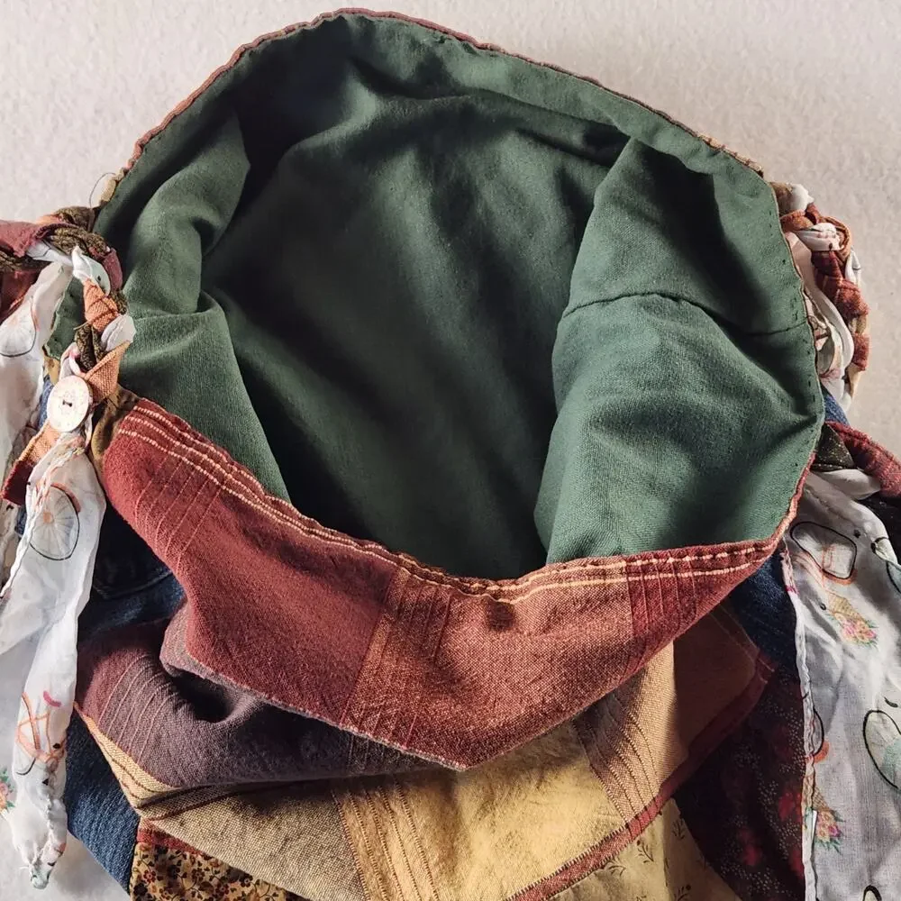 Shoulder Bag Patchwork Quilted Calico Braided Strap Boho Cottagecore